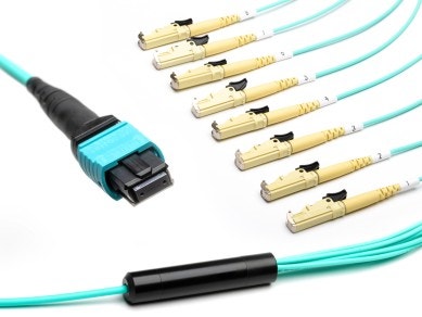 MTP® to 4x E2000 Multimode OM3 Breakout cable | 8 Cores, MPO compliant, 50/125 µm, aqua, 0.5 m - 100 m main product photo