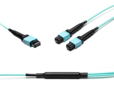 MTP® APC to 2x MTP® Multimode OM3 Breakout cable | 16 Cores, MPO compliant, 50/125 µm, aqua, 0.5 m - 100 m main product photo
