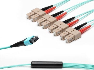 MTP® to 4x SC-Duplex Multimode OM3 Breakout cable | 8 Cores, MPO compliant, 50/125 µm, aqua, 0.5 m - 100 m main product photo
