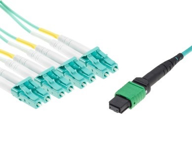 MTP® APC to 4x LC-Duplex Multimode OM3 Breakout cable | 8 Cores, MPO compliant, 50/125 µm, aqua, 0.5 m - 100 m main product photo