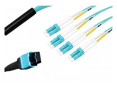 MTP® to 4x LC-Duplex Multimode OM3 Breakout cable | 8 Cores, MPO compliant, 50/125 µm, aqua, 0.5 m - 100 m main product photo