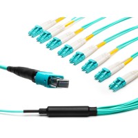 MTP&reg; to 8x LC-Duplex Multimode OM3 Breakout cable | 16 Cores, MPO compliant, 50/125 &#181;m, aqua, 0.5 m - 100 m