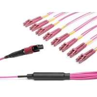 MTP&reg; APC to 8x LC-Duplex Multimode OM4 Breakout cable | 16 Cores, MPO compliant, 50/125 &#181;m, purple, 0.5 m - 100 m