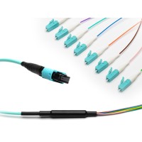 MTP&reg; to 8x LC-Simplex Multimode OM3 Breakout cable | 8 Cores, MPO compliant, 50/125 &#181;m, aqua, 0.5 m - 100 m