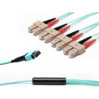 MTP&reg; to 4x SC-Duplex Multimode OM3 Breakout cable | 8 Cores, MPO compliant, 50/125 &#181;m, aqua, 0.5 m - 100 m