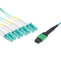 MTP&reg; APC to 4x LC-Duplex Multimode OM3 Breakout cable | 8 Cores, MPO compliant, 50/125 &#181;m, aqua, 0.5 m - 100 m