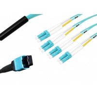 MTP&reg; to 4x LC-Duplex Multimode OM3 Breakout cable | 8 Cores, MPO compliant, 50/125 &#181;m, aqua, 0.5 m - 100 m